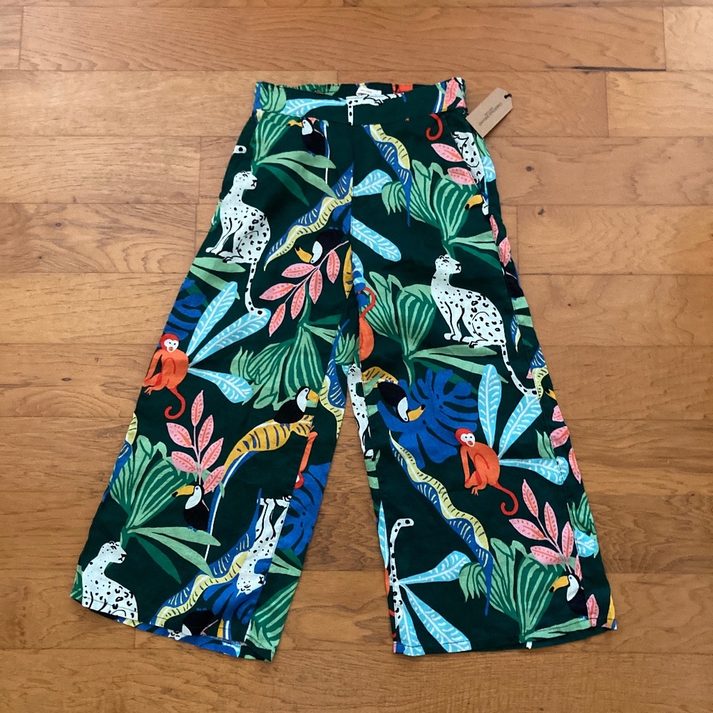 NWT Christian Siriano NY Tropical Jungle Print Linen Crop Wide Leg Linen Pants